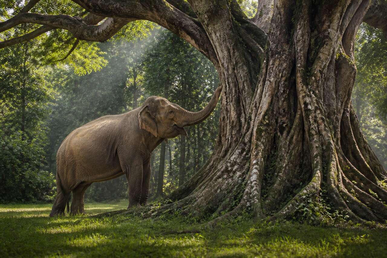 Une rencontre entre un &eacute;l&eacute;phant et un arbre &agrave; souhaits, racont&eacute;e comme un fait