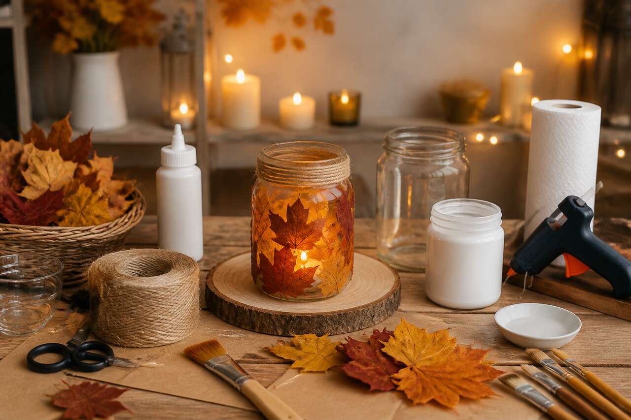 Fabriquer un photophore d'automne avec des feuilles : idées de collage