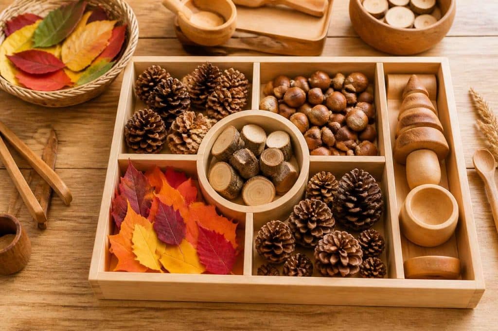 Plateau sensoriel d'automne Montessori : activités ludiques