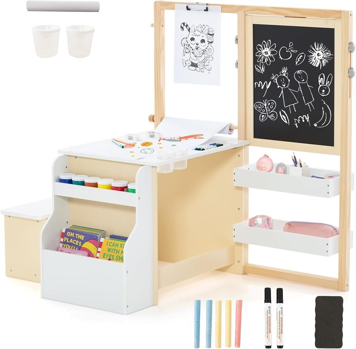 Test du tableau pour enfants HOMASIS : double chevalet réglable et bibliothèque intégrée