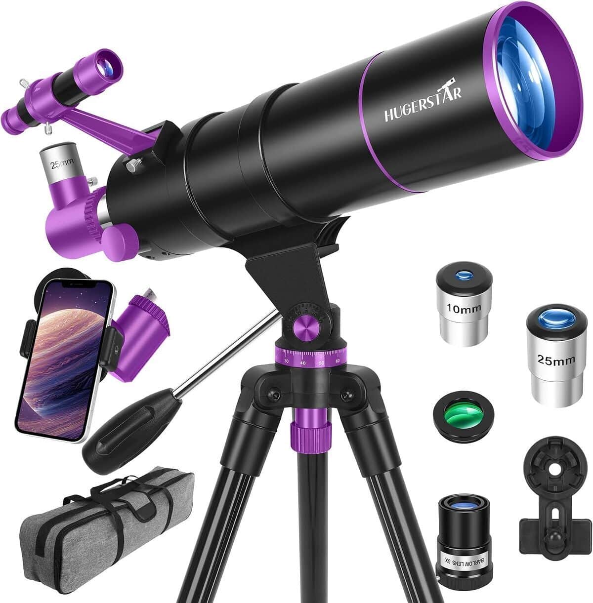 Test du télescope Hugerstar 90/550 mm avec trépied et accessoires