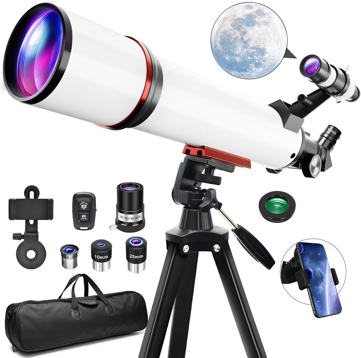 Test du télescope réfracteur 90mm 300X avec trépied et filtre lunaire